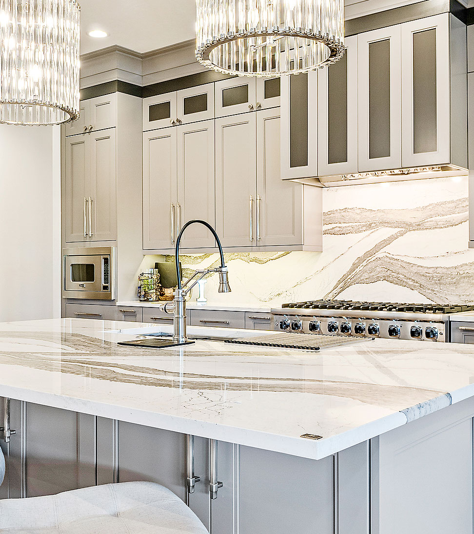 Modern kitchen with white quartz countertops and dramatic veining in Virginia